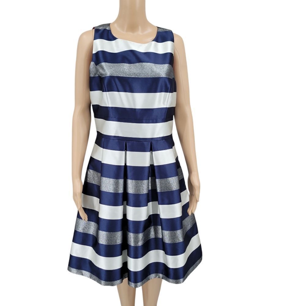 Eliza J Striped Crepe Fit & Flare Party Dress Navy White Metallic Silver Pocket